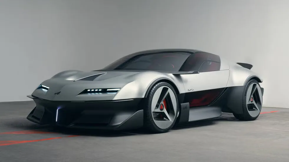 Futuristic silver sports car with sleek design and bold lines, set against a plain background.