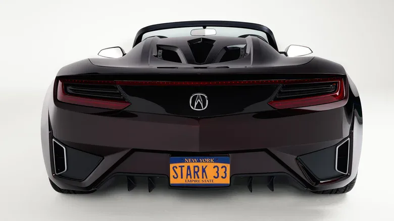 The rear end of the Acura NSX Roadster with its fake "Stark 33" license plate.